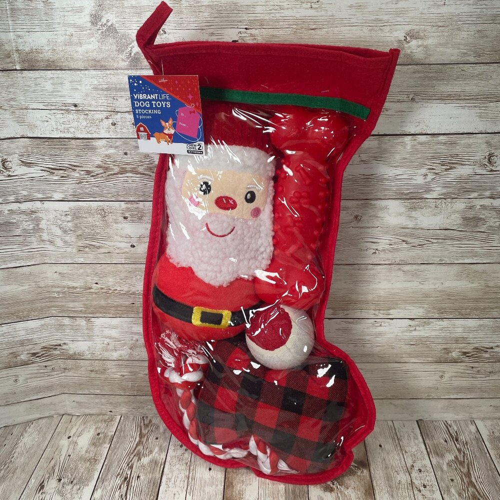Vibrant Life 5 Pc Dog Toy Stocking Holiday Christmas Gift Set Red Chew Level 2